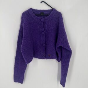 Pinko Mohair Wool Blend Purple Button Up Cropped Logo Plaque Soft Cardigan